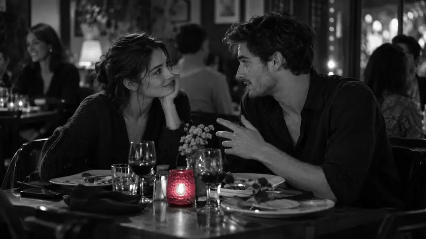 Vespre en una taula d'angle a la llum d'una espelma en un restaurant petit: una dona d'uns vint-i-quatre anys i un home d'uns vint-i-cinc s'inclinen l'un cap a l'altra, absorts en la conversa, ella amb la barbeta a la mà mentre ell parla, els plats apartats cap a un costat. Jerseis de punt llisos i una camisa amb el coll obert, sense lletres ni logotips, un portespelmes rosa fosc entre tots dos, les pantalles dels mòbils girades, en una quietud absorta.