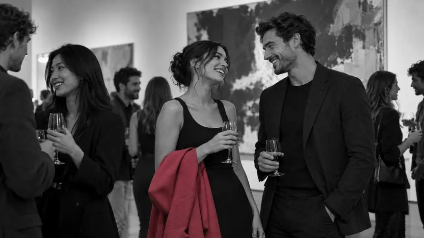 En una inauguració d'art concorreguda un vespre entre setmana, una dona d'uns vint-i-tres anys i un home d'uns trenta-dos riuen junts davant d'un gran llenç abstracte, copes a la mà, entre amics de vint-i-pocs i principis dels trenta; un abric rosa fosc li penja del braç, les parets només tenen pintures abstractes sense text, i tothom porta roba informal elegant sense lletres ni logotips.