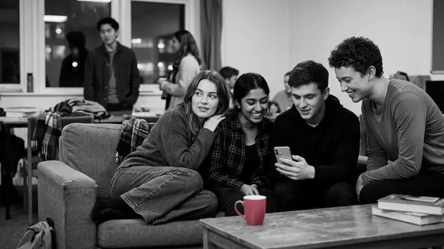 Al vespre, en una sala comuna universitària plena de gent, una estudiant de vint anys s’arrauleix en un sofà gastat mentre tres amics de la seva edat s’hi acosten i riuen junts amb una app de cites al seu mòbil, amb la pantalla girada perquè no es vegi. Ella, mentrestant, mira a l’altra punta de la sala cap a un company de classe que ja li agrada, que xerra al costat de la finestra. Tothom porta roba senzilla i sense marques — una dessuadora llisa, una camisa de franel·la, una jaqueta de punt curta, texans amples i vambes — sense cap lletra enlloc; una tassa d’un rosa intens descansa sobre la taula baixa, i l’ambient és càlid i serenament esperançat.