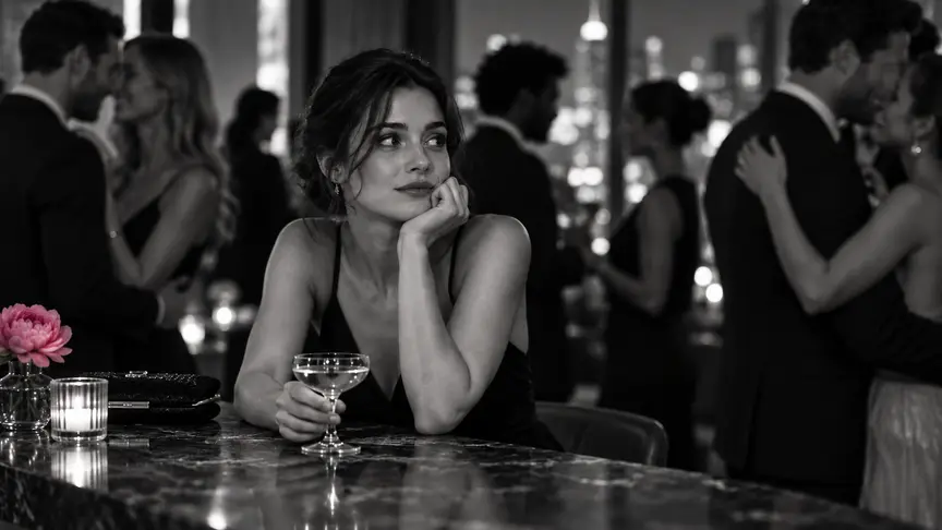 A woman sitting alone at a bar in a black dress, couples together in the background.