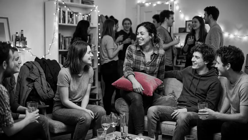 En una festa plena de gent en un pis, una dona d’uns vint-i-tres anys amb una camisa ampla i texans seu al braç del sofà al costat del seu xicot, també d’uns vint-i-pocs anys, amb un coixí rosa intens a la falda; riu amb amics de la seva edat mentre un amic proper d’uns vint-i-quatre anys li busca la mirada des de l’altra punta de l’habitació. Tothom porta samarretes senzilles, dessuadores, camises de franel·la i texans; hi ha abrics amuntegats a les cadires, garlandes de llums i gots per tot arreu, i l’ambient és pensatiu però càlid.