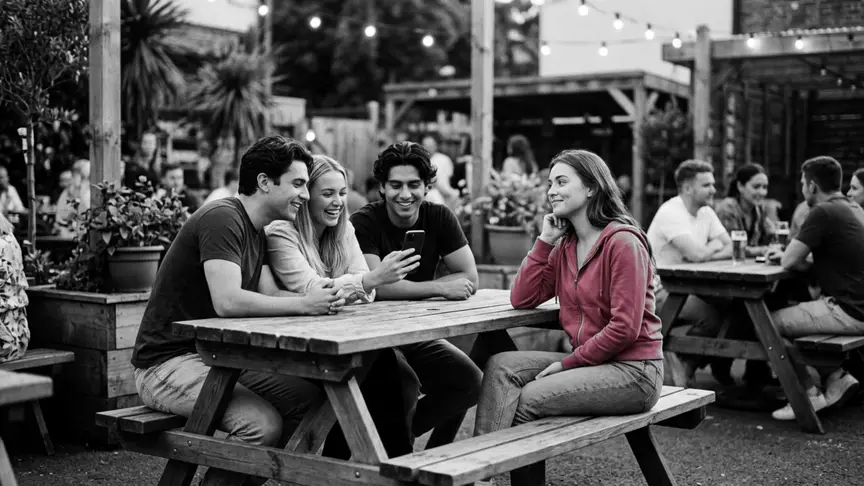Al jardí ple de gent d’un pub, al capvespre, quatre amics de poc més de vint anys comparteixen una taula de fusta, amb samarretes, jaquetes lleugeres i texans. Tres riuen mirant un mòbil que un d’ells aixeca, amb la pantalla girada cap a l’altre costat, mentre la quarta, una noia d’uns vint-i-dos anys amb una dessuadora rosa fosc amb cremallera, asseguda a la punta del banc, somriu des de l’altra banda del jardí a un amic de la universitat, també de poc més de vint anys, que seu amb el seu propi grup.