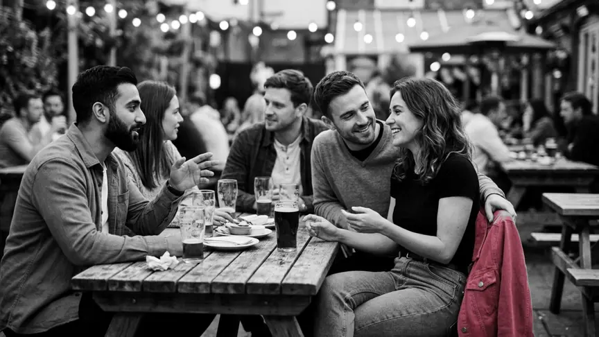 Un vespre càlid, al jardí d’un pub ple de gent i guarnit amb garlandes de llums, un grup d’amics d’entre vint-i-cinc i trenta anys, amb samarretes llises, sobrecamises i texans, s’apinyen al voltant d’una taula de fusta. Un home s’hi inclina, somrient, mentre la dona del costat, amb una jaqueta rosa intens penjada a la cadira, riu d’alguna cosa que ell acaba de dir; tots dos comparteixen una mirada distesa i discretament esperançada mentre els amics conversen al seu voltant.