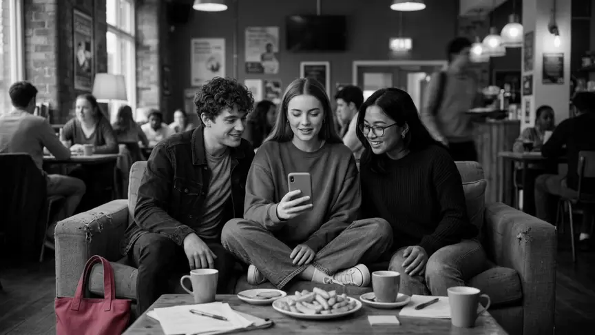 En una cafeteria plena de gent de l’associació d’estudiants, una noia d’uns dinou anys, amb una dessuadora ampla i llisa i uns texans amples, seu amb les cames creuades en un sofà gastat entre dos amics de la seva edat, que s’hi acosten rient mentre ella els ensenya el primer missatge que està a punt d’enviar, amb el mòbil girat cap a ells de manera que només se’n veu la part de darrere; als seus peus hi ha una bossa de roba llisa de color rosa fosc, i la tauleta baixa és plena de tasses i d’un plat de patates fregides per compartir.