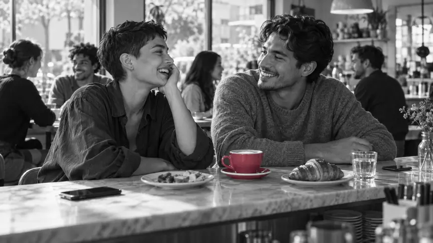 En un mostrador de cafè assolellat un diumenge al matí, una persona jove d'uns vint-i-cinc anys d'aspecte androgin, amb els cabells curts i una camisa ampla i senzilla, riu amb un home d'uns vint-i-sis anys amb un jersei gris senzill durant un brunch, amb els mòbils cara avall a l'altre extrem del mostrador; una tassa de cafè rosa fosc descansa entre ells, altres clients joves xerren al fons, i tothom porta roba senzilla sense lletres ni logotips.