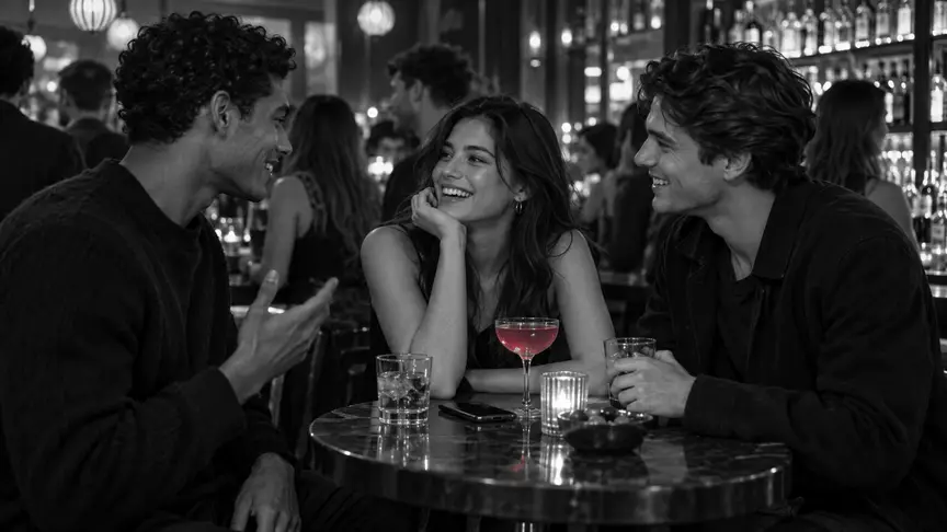 En un bar ple un divendres a la nit, una noia jove d'uns vint-i-un anys riu amb dues amigues d'uns vint i vint-i-dos al voltant d'una taula alta petita, amb el mòbil girat cap avall al costat d'un got rosa fosc, les amigues a mig explicar una història i somrient; llums càlides i una multitud animada al darrere, tothom amb samarretes i jaquetes llises sense lletres ni logotips.