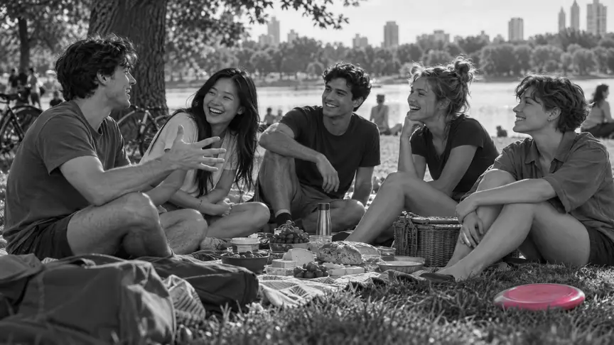 En un pícnic al parc en una tarda assolellada de finals d'estiu, un grup mixt d'amics d'entre vint-i-dos i vint-i-cinc anys —dones i homes joves, un d'ells d'aspecte andrògin— seu sobre mantes al voltant d'un bon grapat de menjar, rient d'una història que explica un amic amb grans gestos; un frisbee de color rosa fosc jeu a l'herba al seu costat, tothom porta samarretes, camises i pantalons curts llisos sense lletres ni logotips, i els mòbils són dins de les bosses.
