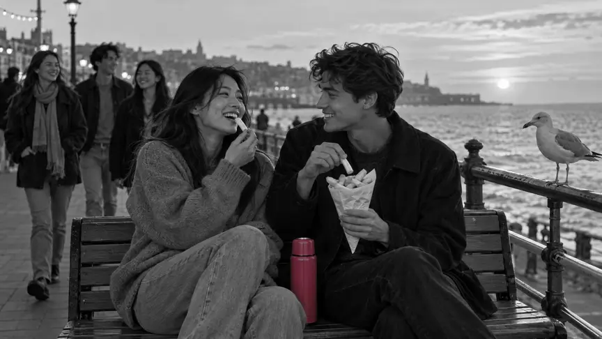 En un banc del passeig marítim, a la posta de sol, una noia d'uns vint anys i un noi d'uns vint-i-un comparteixen un con de paper ple de patates fregides, rient mentre una gavina els mira des de la barana; ella porta un jersei sobri de tall ample i ell una jaqueta fosca senzilla, un termo de color rosa fosc descansa al banc entre tots dos, i uns quants joves més passegen pel passeig al darrere, tots amb roba senzilla, sense lletres ni logotips.