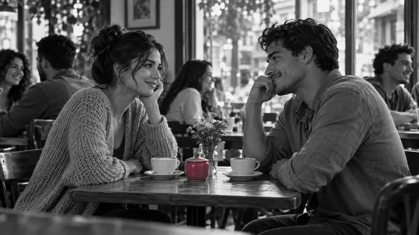 En una taula arran de finestra d'un cafè de barri lluminós i ple de gent un matí de cap de setmana, una dona d'uns vint-i-cinc anys amb un càrdigan de punt senzill i un home d'uns vint-i-sis amb una camisa llisa, tots dos sense lletres ni logotips, seuen l'un davant de l'altre en una primera cita, somrient una mica tímidament sobre els seus cafès; entre ells hi ha un sucrer rosa fosc, i altres clients xerren al fons, difuminats.