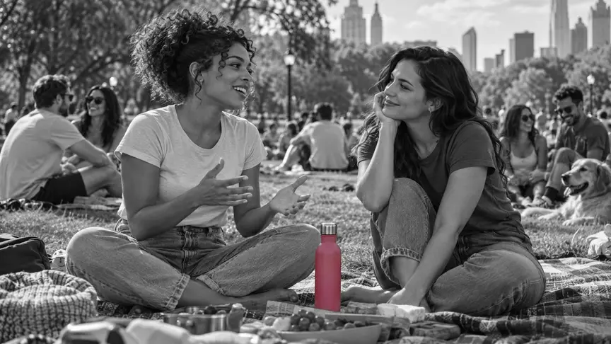 En una tarda assolellada de cap de setmana en un parc urbà ple de gent, dues dones d'uns vint-i-sis i vint-i-set anys, una parella, seuen amb les cames creuades sobre una manta de pícnic xerrant i rient, una explicant una història amb les mans mentre l'altra l'escolta amb la barbeta recolzada al genoll; un termo d'un rosa intens descansa sobre la manta entre elles, darrere seu hi ha altres grups d'amics fent pícnic a l'herba, i totes dues porten samarretes llises i texans sense lletres ni logotips, i no es veu cap mòbil enlloc.