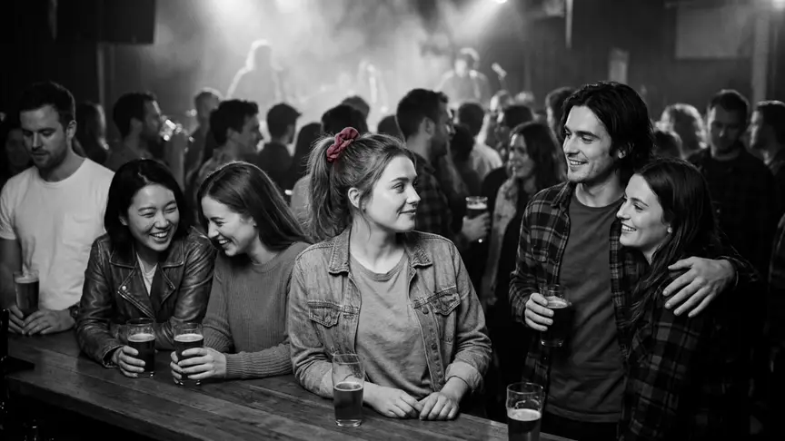 En un concert petit en un pub ple de gom a gom, una noia d’uns vint-i-un anys amb una samarreta llisa i descolorida, una jaqueta texana oberta i una goma de cabell de roba de color rosa intens, recolzada a la barra amb una pinta de cervesa a la mà, mira de reüll, entre la gent, un noi que li agrada, que segueix el grup amb el braç passat per sobre de les espatlles de la seva xicota, mentre dos amics de la seva edat riuen al seu costat; tothom porta roba normal de concert —samarretes llises, camises de franel·la, una jaqueta de cuir gastada, texans— sota una llum càlida d’escenari i una mica de boira, en un ambient melangiós però càlid.
