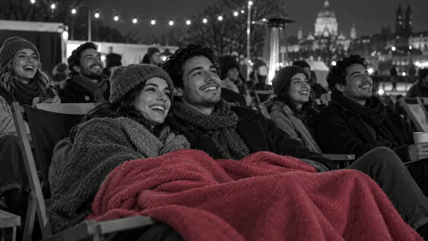 En un cinema a l'aire lliure un vespre fred i clar d'hivern, una dona d'uns vint-i-tres anys i un home d'uns vint-i-quatre comparteixen una manta rosa fosc en una fila de gandules entre amics de la seva edat, tots embolicats amb abrics llisos, gorros i bufandes sense lletres ni logotips, rient davant la pantalla que queda fora de pla mentre unes garlandes de llums càlides brillen al damunt.