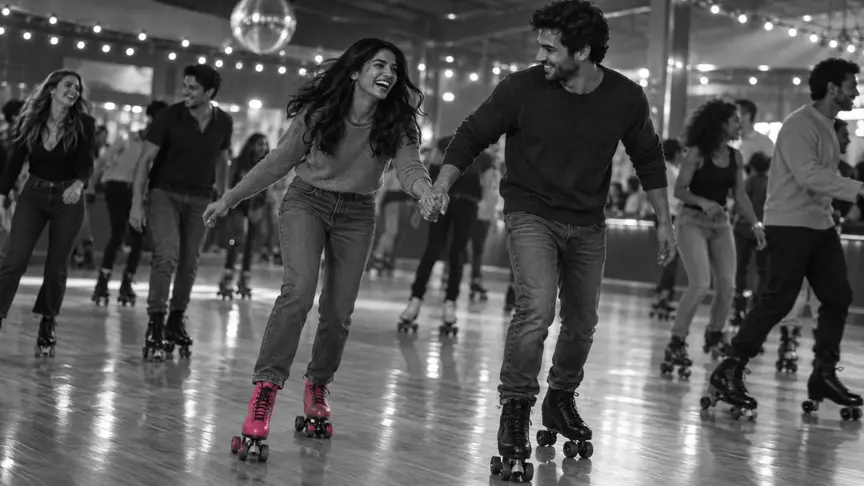 En una pista de patinatge plena un divendres a la nit, una dona d'uns vint-i-cinc anys i un home d'uns vint-i-sis van de la mà i riuen mentre es balancegen per la pista, ella amb patins d'un rosa intens i tots dos amb jerseis i texans llisos, sense lletres ni logotips; altres parelles joves i amics passen patinant sota llums càlides, i l'ambient és juganer i ple d'energia.