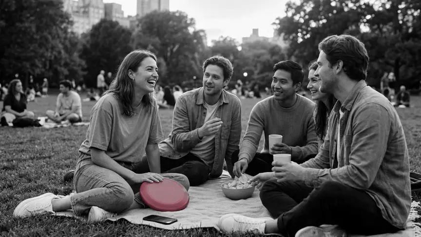 Cinc amics de vint-i-tants anys estirats sobre una manta de pícnic en un parc urbà ple de gent, a primera hora del vespre, es passen un bol de patates xips i uns gots senzills sense cap marca. Una noia amb una samarreta ampla i texans ha deixat el mòbil de cap per avall a la gespa i riu amb la història que li explica el noi del costat, que porta una sobrecamisa descolorida i vambes; al costat del seu genoll hi ha un frisbee d’un rosa intens.