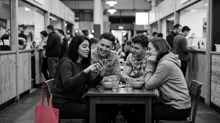 Quatre amics d’uns vint anys s’apinyen al voltant d’una tauleta en un mercat gastronòmic animat, ple de parades de fusta senzilles, un vespre de cap de setmana; porten samarretes llises, dessuadores i jaquetes texanes sota una llum càlida que ve de dalt, i no hi ha cap rètol ni cap lletra llegible enlloc del quadre. Una noia d’uns vint-i-tres anys aixeca un mòbil amb la pantalla girada cap a l’altra banda i enumera arguments amb els dits, mentre els altres s’hi inclinen, divertits i mig convençuts; del respatller de la seva cadira penja una bossa de tela llisa de color rosa intens. L’ambient és animat i càlid.