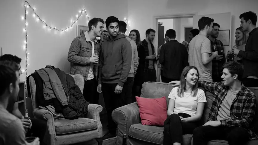 En una festa plena de gent en un pis compartit i ben viscut, un noi d’uns vint-i-dos anys amb una dessuadora senzilla mira a l’altra banda de l’habitació, cap a una noia de la seva edat amb una samarreta llisa que riu al sofà al costat d’un noi amb camisa de franel·la, que té el braç estès pel respatller darrere d’ella, mentre l’amic del primer, amb una jaqueta texana, s’hi acosta amb una copa, somrient de cap a cap; garlandes de llums, abrics apilats en una cadira i un coixí rosa intens, i un ambient càlid i serenament esperançat.