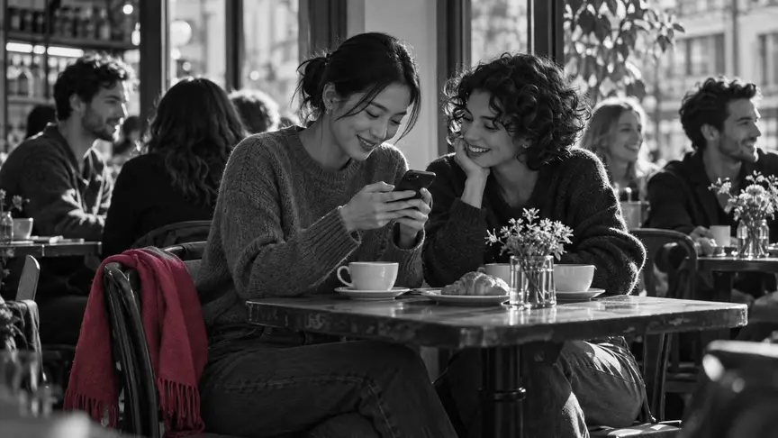 En una tarda freda de tardor, en un cafè concorregut i ple de sol, dues amigues comparteixen una taula vora la finestra: una noia d'uns vint-i-tres anys, amb els cabells recollits, escriu les respostes del seu perfil de cites al mòbil, amb la pantalla girada cap a l'altra banda de la càmera, mentre la seva amiga, una noia d'uns vint-i-un anys amb els cabells curts i arrissats, s'hi acosta i riu amb una frase que acaba de llegir. Totes dues porten jerseis i texans llisos, sense lletres ni logotips, una bufanda de color rosa fosc penja del respatller d'una cadira, i altres clients xerren i somriuen darrere d'elles amb la llum càlida.