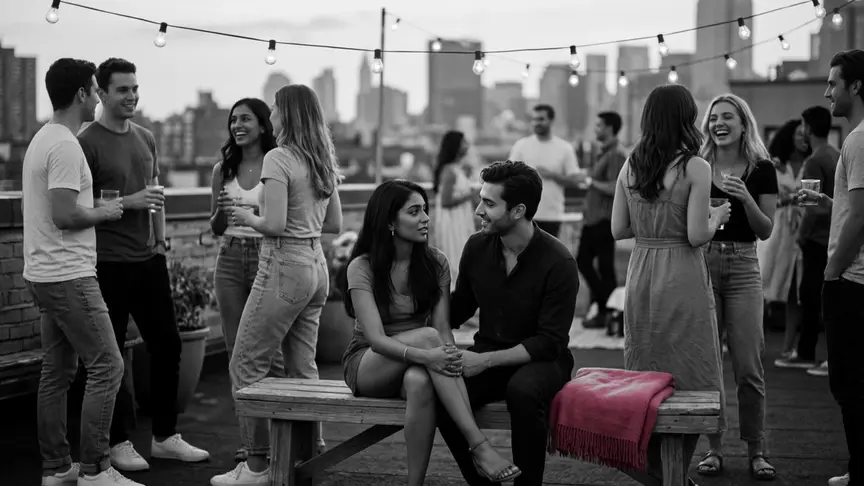 En una festa a la terrassa d’un amic en un vespre càlid, una parella d’uns vint-i-tres anys seu molt junta en un banc baix, absorta en una conversa seriosa però tendra; ella té els genolls girats cap a ell mentre ell l’escolta amb un lleu somriure. Al seu voltant, amics d’uns vint-i-pocs anys amb samarretes, texans i vestits d’estiu riuen amb una copa a la mà sota garlandes de llums, i al banc, al seu costat, hi ha plegada una manta d’un rosa intens.