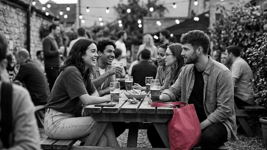 Amics de vint-i-tants anys s’apinyen al voltant d’una taula de pícnic en una terrassa de cerveseria plena de gent al capvespre, amb gots de pinta senzills i un bol de patates fregides al mig i garlandes de bombetes a sobre. Una dona amb samarreta i texans riu mentre un amic explica una història, amb la pantalla del mòbil girada cap a l’altra banda, mentre l’home del seu costat, un vell amic de la universitat amb una camisa senzilla, la mira amb un somriure tranquil; al banc, entre tots dos, hi ha una bossa de tela d’un rosa intens.