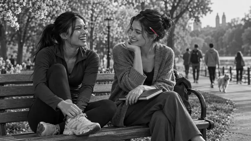 En un banc d'un parc en un matí clar de primavera, dues dones joves riuen juntes: una d'uns vint-i-tres anys, amb malles de córrer llises i una dessuadora amb cremallera llisa, encara una mica sense alè i amb les sabatilles plenes de pols del camí, i una altra d'uns vint-i-cinc, amb un càrdigan llarg llis i pantalons amples, amb un quadern de dibuix tancat sobre el genoll i un llapis rosa fosc darrere l'orella; al darrere s'estenen arbres i un camí amb unes quantes persones passejant al fons, tothom amb roba llisa sense lletres ni logotips, amb els mòbils girats. L'ambient és càlid, distès i amb una esperança tranquil·la.