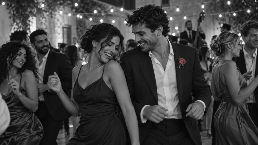 En una pista de ball animada en un banquet de noces al vespre, sota fils de llums càlides, una dona d'uns vint-i-set anys amb un vestit senzill de color verd fosc i un home d'uns vint-i-vuit amb un vestit blau marí senzill i el coll obert riuen mentre ballen entre altres convidats de la seva edat; són convidats, no la parella que es casa, tothom porta roba elegant senzilla sense lletres ni logotips, i ell porta una petita flor de color rosa fosc a la solapa.