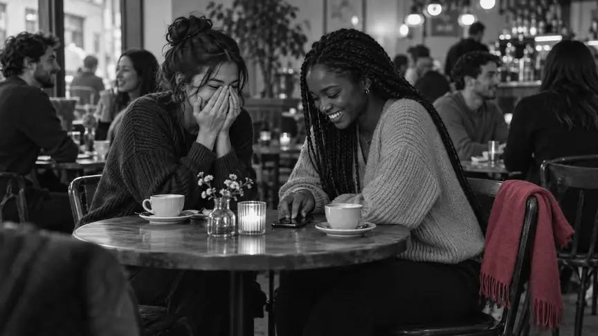 En una taula petita d'un cafè ple en una tarda grisa, dues amigues d'uns vint-i-un i vint-i-dos anys s'apropen rient, una mig amaga la cara entre les mans mentre l'altra toca el mòbil que jeu boca avall a la taula entre totes dues; les dues porten roba de punt llisa sense lletres ni logotips, una bufanda rosa fosc penja del respatller d'una cadira i altres clients xerren al fons càlid.