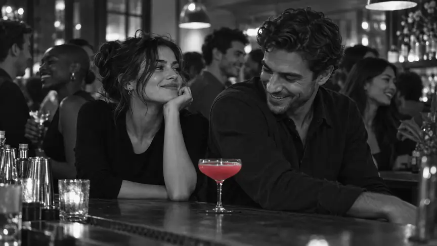 En un bar de barri animat un divendres al vespre, una dona d'uns vint-i-sis anys amb una samarreta negra llisa es recolza a la barra i fa broma amb l'home del costat, d'uns vint-i-vuit anys i amb una sobrecamisa blau marí llisa; ell riu una mica contingut, mig girat però clarament gaudint, mentre els amics omplen la sala darrere d'ells sota llums càlids i baixos; un còctel d'un rosa intens descansa a la barra entre tots dos, i tothom porta roba llisa sense lletres ni logotips.