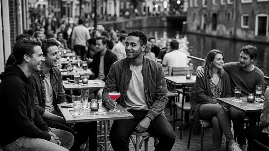 En una terrassa plena de gent d’un bar a tocar d’un canal, en un vespre càlid, un home d’uns vint-i-set anys amb samarreta blanca i jaqueta bomber clara, amb un còctel rosa intens a la mà, gira el cap per mirar amb un somriure suau, a l’altra banda de la terrassa, la seva ex, més o menys de la mateixa edat, asseguda unes quantes taules més enllà al costat del seu nou xicot, mentre dos amics de la seva edat asseguts en tamborets al seu costat riuen junts. Tothom porta roba còmoda de cap de setmana.