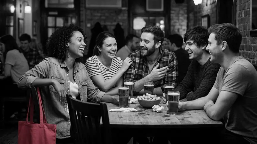 En una nit de concurs de preguntes, a una taula atapeïda d’un pub, dues dones i tres homes d’uns vint-i-cinc anys, amb samarretes, camises de franel·la i texans, s’inclinen rient davant d’unes pintes i un bol de patates fregides per compartir. Una dona, amb una bossa de tela de color rosa intens penjada al respatller de la cadira, riu d’un acudit del xicot de la seva millor amiga, assegut a l’altra banda de la taula, mentre la seva millor amiga, asseguda al costat d’ell, somriu i li dona un copet al braç. No es veuen fulls de preguntes, pantalles ni cartells.