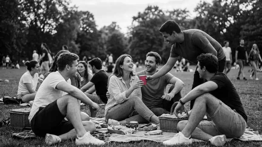En un pícnic d’estiu amb amics en un parc de la ciutat, una dona d’uns vint-i-tres anys amb una camisa ampla de ratlles i texans seu sobre una manta al costat del seu xicot i riu de gust amb el millor amic d’ell, que li passa un got de paper d’un rosa intens; al seu voltant, amics de la seva edat amb samarretes, pantalons curts i vambes xerren i s’hi acosten, la llum del final de la tarda és càlida i l’ambient, serenament esperançador.