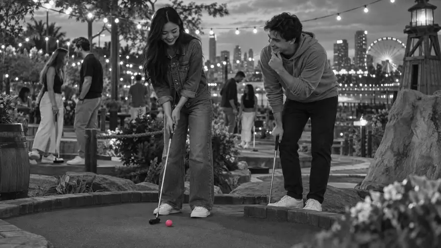 En un camp de minigolf guarnit amb garlandes de llums càlides al capvespre, una dona d'uns vint-i-un anys amb una jaqueta texana llisa prepara un putt mentre un home d'uns vint-i-dos anys amb una sudadera grisa llisa riu i fingeix jutjar la seva tècnica; la seva bola és d'un rosa intens, altres parelles joves i amics juguen en forats del fons, i tothom porta roba llisa sense lletres ni logotips.