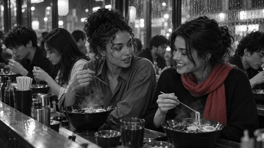 En una barra de ramen plena un vespre de pluja entre setmana, dues dones d'uns vint-i-quatre i vint-i-cinc anys seuen l'una al costat de l'altra en una primera cita, amb el vapor que puja dels seus bols; una està girada cap a l'altra, a mig fer una pregunta, mentre l'altra riu amb els escuradents a la mà; una porta una camisa ampla llisa i l'altra un jersei negre llis amb una bufanda rosa intens, la barra plena d'altres joves que hi mengen, tothom amb roba llisa sense lletres ni logotips.
