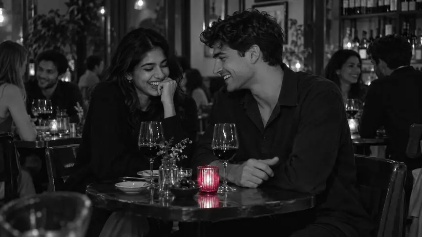 En un bar de vins de barri amb espelmes, un vespre feiner, una dona d'uns vint-i-tres anys i un home d'uns vint-i-quatre seuen l'un al costat de l'altre en una tauleta petita d'un racó en una primera cita, tots dos rient a mitges per una cosa que ell acaba de dir; ella porta un jersei negre llis i ell una camisa fosca llisa per sobre, un platet d'olives i dues copes entre ells i un portespelmes rosa fosc encès a taula, altres parelles joves i amics xerrant en veu baixa al darrere, tothom amb roba llisa sense lletres ni logotips.