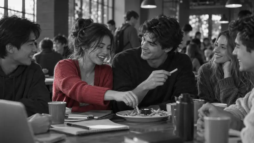 En una cafeteria universitària plena de gent un dia feiner a la tarda, una noia d'uns dinou anys i un noi d'uns vint seuen costat a costat en una taula llarga amb els seus amics, rient mentre ella li roba una patata fregida del plat; ella porta una rebeca rosa fosc, els amics que els envolten xerren amb cafès i llibretes obertes, i tothom va amb dessuadores, jerseis i texans llisos, sense lletres ni logotips.