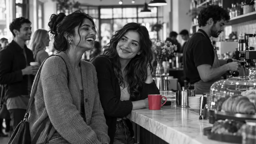 A la barra d'un cafè ple de gent un dissabte al matí assolellat, dues dones d'uns vint-i-tres i vint-i-quatre anys, amb càrdigans senzills i texans sense cap lletra ni logotip, esperen el cafè l'una al costat de l'altra; una riu per l'acudit de l'altra, que la mira de gairell amb un somriure satisfet; una tassa de color rosa fosc descansa a la barra, al costat.