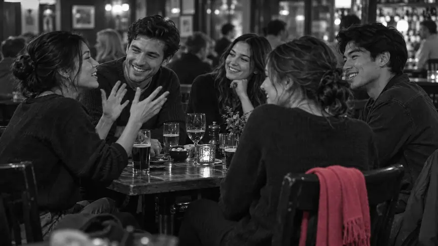 En un pub ple un divendres al vespre, una dona d'uns vint-i-quatre anys i la seva parella, un home d'uns vint-i-cinc, riuen amb tres amigues seves d'entre vint-i-tres i vint-i-cinc anys al voltant d'una taula de fusta atapeïda; una amiga explica una anècdota amb les mans enlaire mentre l'home somriu i s'inclina cap endavant, guanyant-se-les clarament; una bufanda d'un rosa intens penja del respatller de la cadira de la dona, i tothom porta jerseis, camises i jaquetes llisos, sense lletres ni logotips, i els mòbils són fora de la vista.