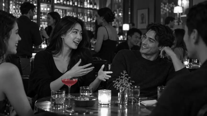 En un bar de barri animat un dia feiner, una dona d'uns vint-i-quatre anys i un home d'uns vint-i-cinc, amics íntims, riuen junts en una taula del racó; ella explica una història amb les mans i ell es repenja enrere somrient; davant d'ella hi ha un còctel d'un rosa intens, al voltant hi ha amics de la seva edat xerrant, i tots dos porten roba informal llisa, sense lletres ni logotips.