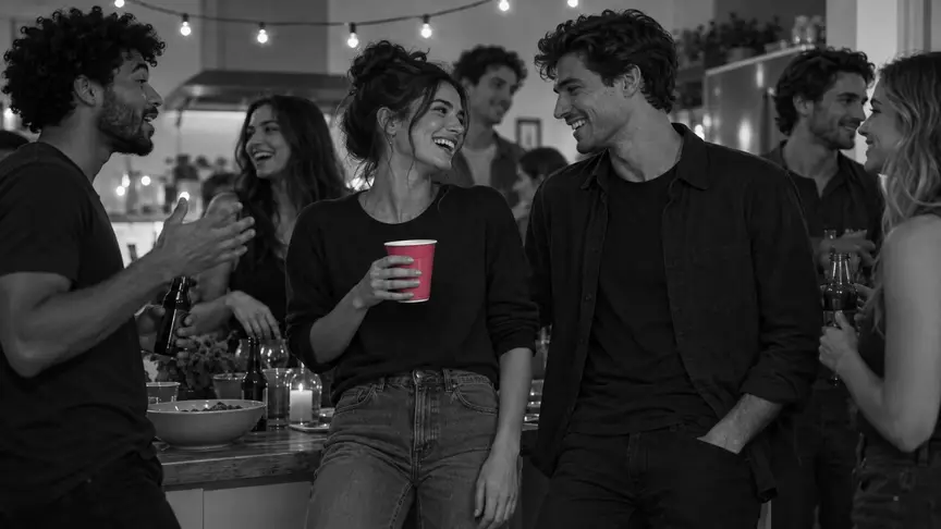 En una festa animada en una casa un dissabte a la nit, una dona d'uns vint-i-cinc anys i un home d'uns vint-i-sis, exparelles que ara són bons amics, riuen junts en una cuina plena de gent, entre un grup divers d'amics de la seva edat, un amic explicant una anècdota amb un got aixecat; ella sosté un got de paper rosa fosc, hi ha garlandes de llums càlides penjades a sobre, tothom porta samarretes, camises i jaquetes llises sense lletres ni logotips, i els mòbils no es veuen enlloc.