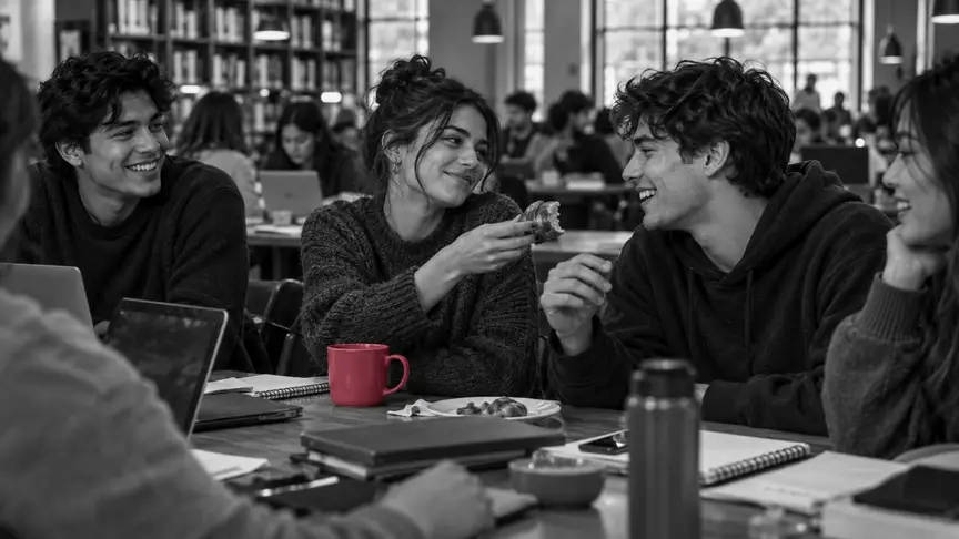 En una cafeteria concorreguda d'una biblioteca universitària un dia feiner a la tarda, una noia d'uns vint anys i un noi d'uns vint-i-un comparteixen una taula llarga amb els seus amics, amb els portàtils i els quaderns apartats; ella li ofereix mig pastisset mentre ell riu, i una tassa de color rosa fosc descansa al costat del seu colze; els amics que els envolten xerren i fan scroll, tots amb dessuadores i jerseis llisos sense lletres ni logotips.