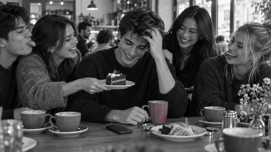 En una taula d'un cafè ple un matí de cap de setmana assolellat, un grup divers d'amics d'uns vint-i-un a vint-i-tres anys anima un noi d'uns vint-i-dos, tots rient mentre un amic empeny un tros de pastís cap a ell i un altre fa una ganyota; una tassa d'un rosa intens descansa a prop de la seva mà i el seu mòbil és cara avall sobre la taula, tots amb jerseis, abrics i samarretes llises sense lletres ni logotips.