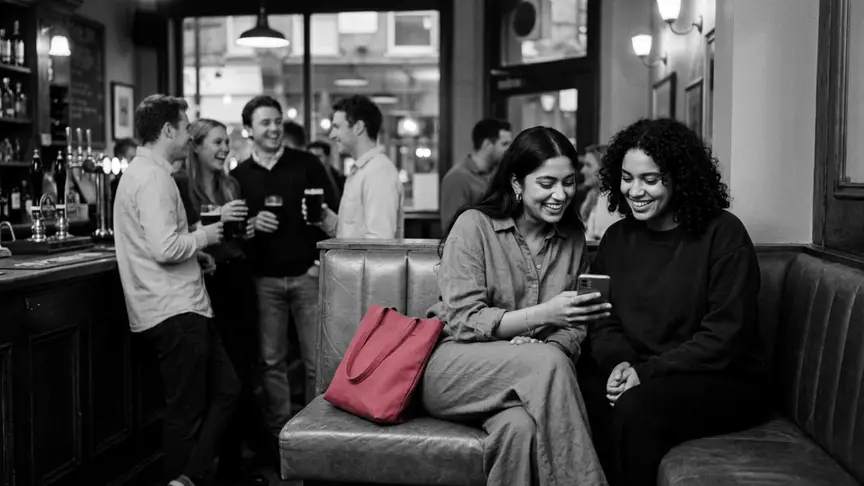 Un divendres al vespre, en un pub ple de gent, una noia d’uns vint-i-dos anys, amb una camisa ampla i uns pantalons amples, comparteix un reservat de racó amb la seva millor amiga, també de poc més de vint anys i amb una dessuadora llisa. Totes dues somriuen mirant un mòbil que sostenen entre elles, amb la pantalla d’esquena a l’espectador, mentre trien fotos per al perfil de cites de la noia. A la barra, a l’altra punta del local, uns quants companys de feina de la seva edat riuen amb una copa a la mà. Al seient del costat hi ha una bossa de roba llisa de color rosa intens, sense cap estampat.