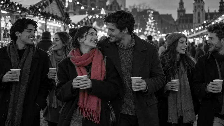 En un mercat d'hivern a l'aire lliure, ple de gent al capvespre i guarnit amb llums càlides, una dona d'uns vint-i-dos anys i un home d'uns vint-i-quatre passegen agafats del braç entre amics de la seva edat que porten gots de paper, tots amb abrics i roba de punt senzills, sense lletres ni logotips; ella porta una bufanda rosa fosc i riu d'alguna cosa que ell acaba de dir.