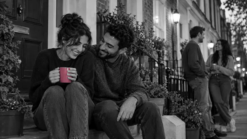Als graons d'entrada d'una casa entre mitgeres, en una tarda de primavera suau, una dona d'uns vint-i-cinc anys i un home d'uns vint-i-sis seuen costat a costat reconciliant-se després d'una discussió, tots dos rient mentre ell li empeny l'espatlla amb la seva; ella sosté una tassa de te d'un rosa intens, una parella de veïns de la seva edat xerren més enllà al carrer, i tots dos porten jerseis llisos i texans sense lletres ni logotips.