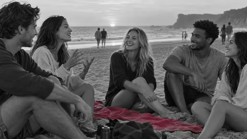 En una àmplia platja de sorra a l'hora daurada, una jove d'uns vint-i-sis anys seu rient entre un grup d'amics d'entre vint-i-quatre i vint-i-set anys, dones i homes, una de les quals explica una anècdota amb les mans enlaire; una tovallola d'un rosa fort està estesa a la sorra al seu costat, unes quantes persones més caminen per la vora de l'aigua al darrere, i tothom porta samarretes llises, pantalons curts i jerseis lleugers sense lletres ni logotips.