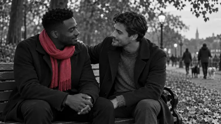 En un banc d'un parc, en una tarda fresca de tardor, dos homes d'uns vint-i-cinc i vint-i-sis anys estan asseguts girats l'un cap a l'altre en una conversa tranquil·la i amable, tots dos amb petits somriures càlids mentre un posa una mà reconfortant a l'espatlla de l'altre; un porta una bufanda rosa fosc, tots dos van amb abrics i jerseis senzills sense lletres ni logotips, les fulles caigudes cobreixen el camí i unes quantes persones passegen gossos al fons.