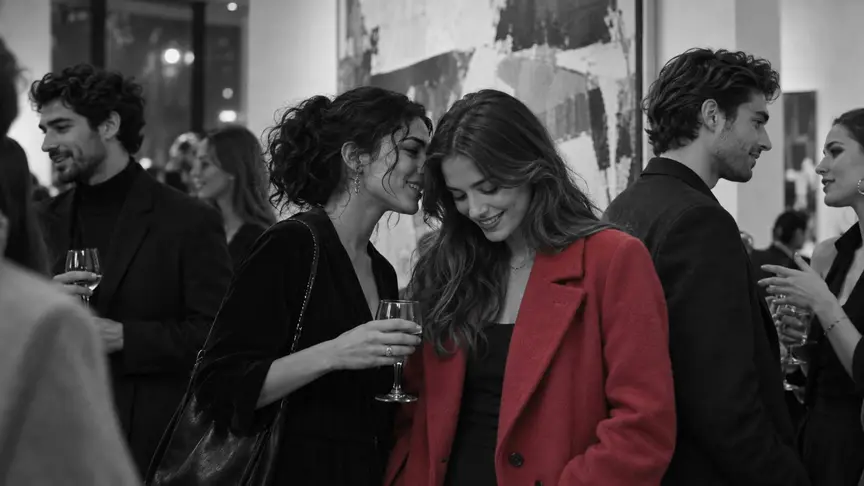 En una inauguració d'una galeria d'art plena de gent un vespre entre setmana, dues dones d'uns vint-i-dos i vint-i-tres anys estan juntes davant d'un quadre abstracte gran, una s'inclina per dir alguna cosa que fa somriure i abaixar la mirada a l'altra; al seu voltant, joves convidats xerren amb una copa a la mà, una de les dones porta un abric rosa fosc i tothom va amb roba senzilla, sense lletres ni logotips.