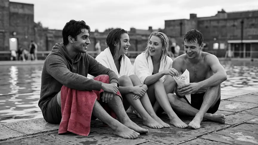 A la vora de pedra tèbia d’una piscina exterior, després d’un bany al vespre, quatre amics d’uns vint-i-dos anys seuen l’un al costat de l’altre: un noi amb una dessuadora grisa i banyador, amb una tovallola de color rosa intens sobre els genolls, dues noies i un altre noi amb els cabells mullats, embolicats amb tovalloles blanques senzilles. Comparteixen patates fregides d’un cucurutxo de paper blanc; ell somriu una mica amb una broma, més callat que els altres però clarament content de ser-hi.
