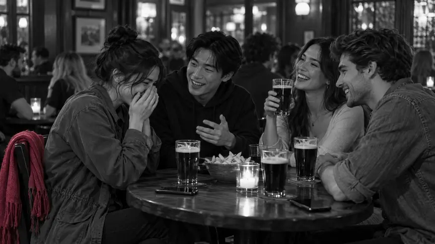 En un pub càlid i ple de gent un vespre feiner, una noia d'uns vint-i-dos anys amb una jaqueta oliva llisa riu amb les mans a la cara en una taula del racó mentre tres amics d'entre vint-i-dos i vint-i-quatre anys s'hi acosten per animar-la — un noi a mig acudit amb una dessuadora negra llisa, una noia amb una part de dalt crema llisa que aixeca el got i un noi amb una camisa texana llisa que somriu — amb gerres de cervesa i un bol de patates fregides per compartir entre ells, tothom amb roba llisa sense lletres ni logotips, una bufanda rosa fosc sobre el respatller de la seva cadira i mòbils cara avall sobre la taula.