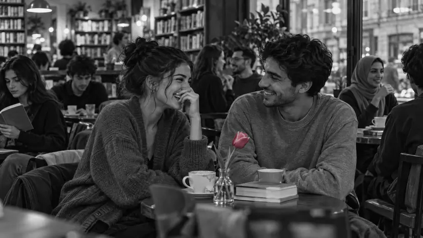 En un cafè concorregut d'una llibreria un dissabte a la tarda, una dona d'uns vint-i-dos anys amb un càrdigan oversize llis i un home d'uns vint-i-tres amb una sudadera grisa llisa comparteixen una taula petita vora la finestra, tots dos en plena riallada per alguna cosa que ella acaba de dir, amb dos cafès a mig acabar entre ells i una sola tulipa d'un rosa intens en un got petit; al seu voltant, altres clients joves llegeixen i xerren, tots amb roba llisa sense lletres ni logotips.