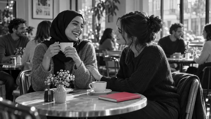 En una taula petita d'un cafè, un matí lluminós d'entre setmana, dues amigues d'uns vint-i-sis anys xerren càlidament davant d'un cafè; una riu mentre l'altra s'hi acosta amb la mà al braç; una llibreta de color rosa fosc descansa tancada al costat de les tasses, altres clients conversen a les taules del costat en una sala il·luminada pel sol, i totes dues porten jerseis llisos sense lletres ni logotips.